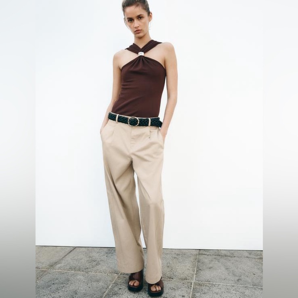 NWOT Zara Beige Baggy Women's Pants with black belt